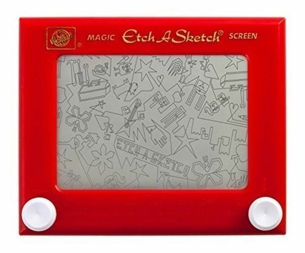 Red Etch-a-Sketch with doodle design on screen