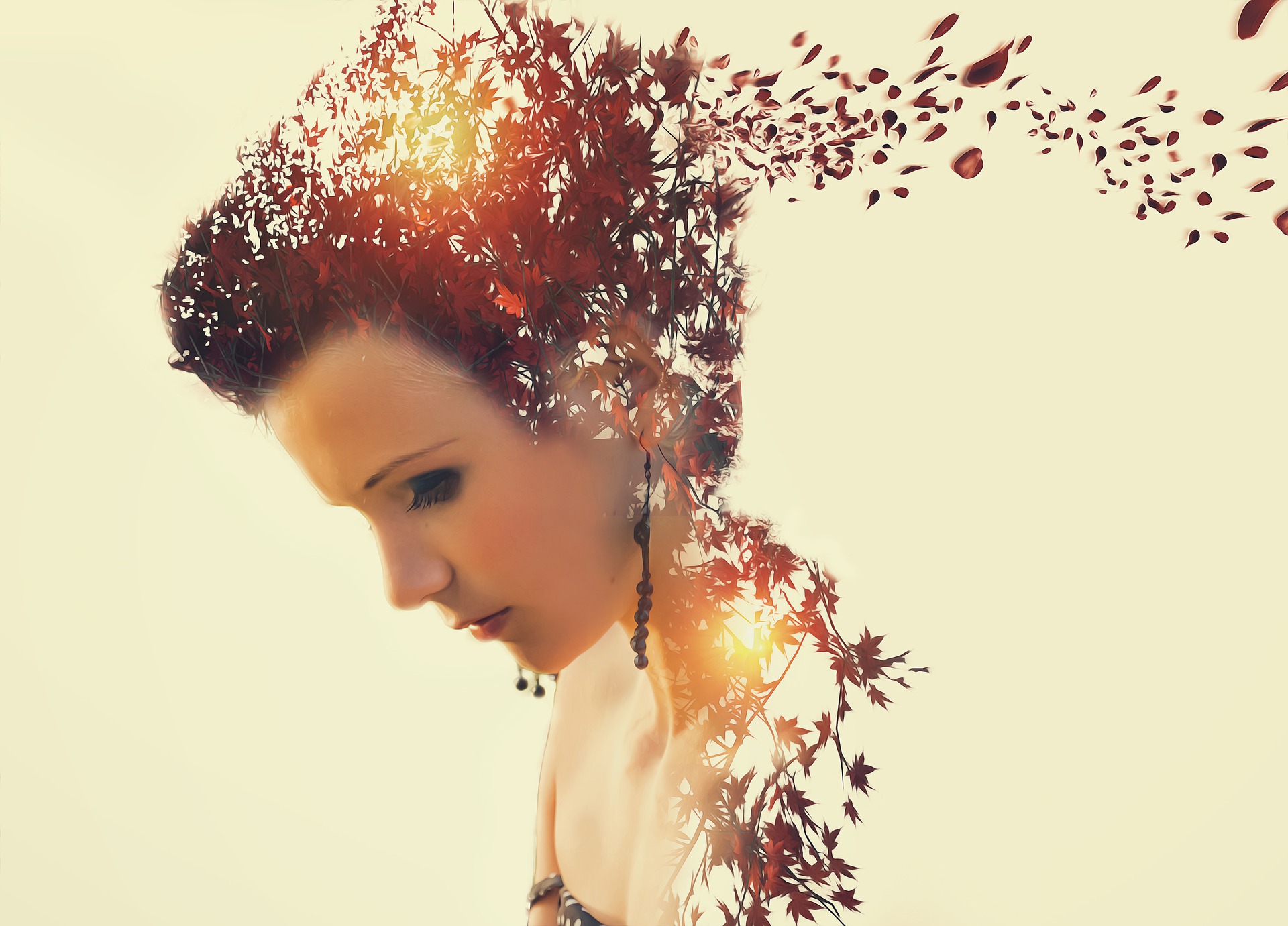 Double exposure white woman and falling leaves by Enrique Meseguer via Pixabay